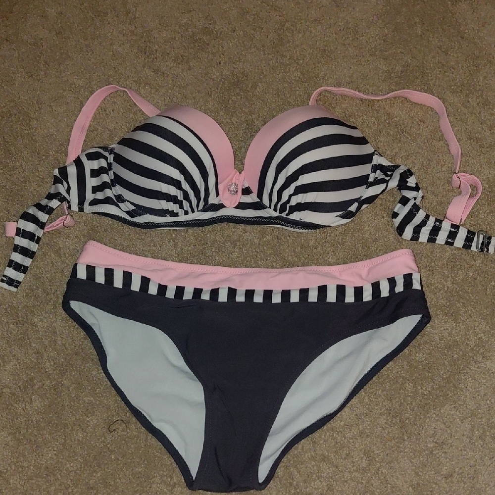 Striped Pink and Black Bikini Set